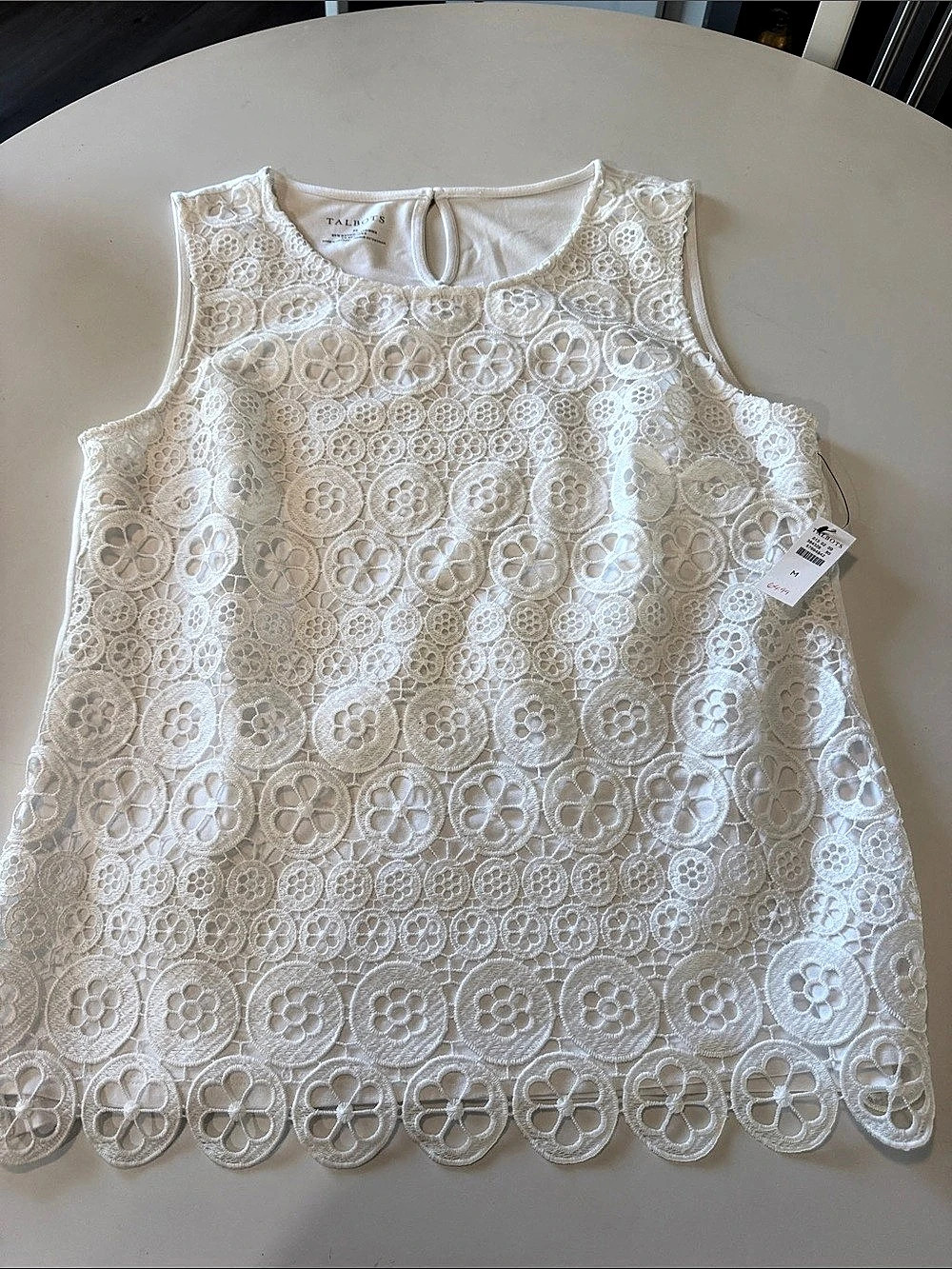 Talbots Lace Trim Knit Shell Floral Tank Top White Medium